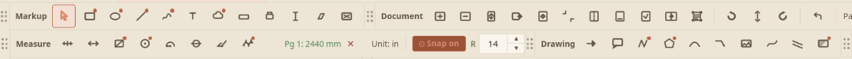The Markup, Measure, and Drawing toolbars docked at the top of the workspace, with small rust-colored dots in the top-right corner of the cost-eligible tool buttons — rectangle, ellipse, line, and polyline on the Markup row; the area and count tools on the Measure row; and the polyline, polygon, and material-hatch tools on the Drawing row. Annotation-only tools such as text, stamp, and the linear measurement carry no dot.