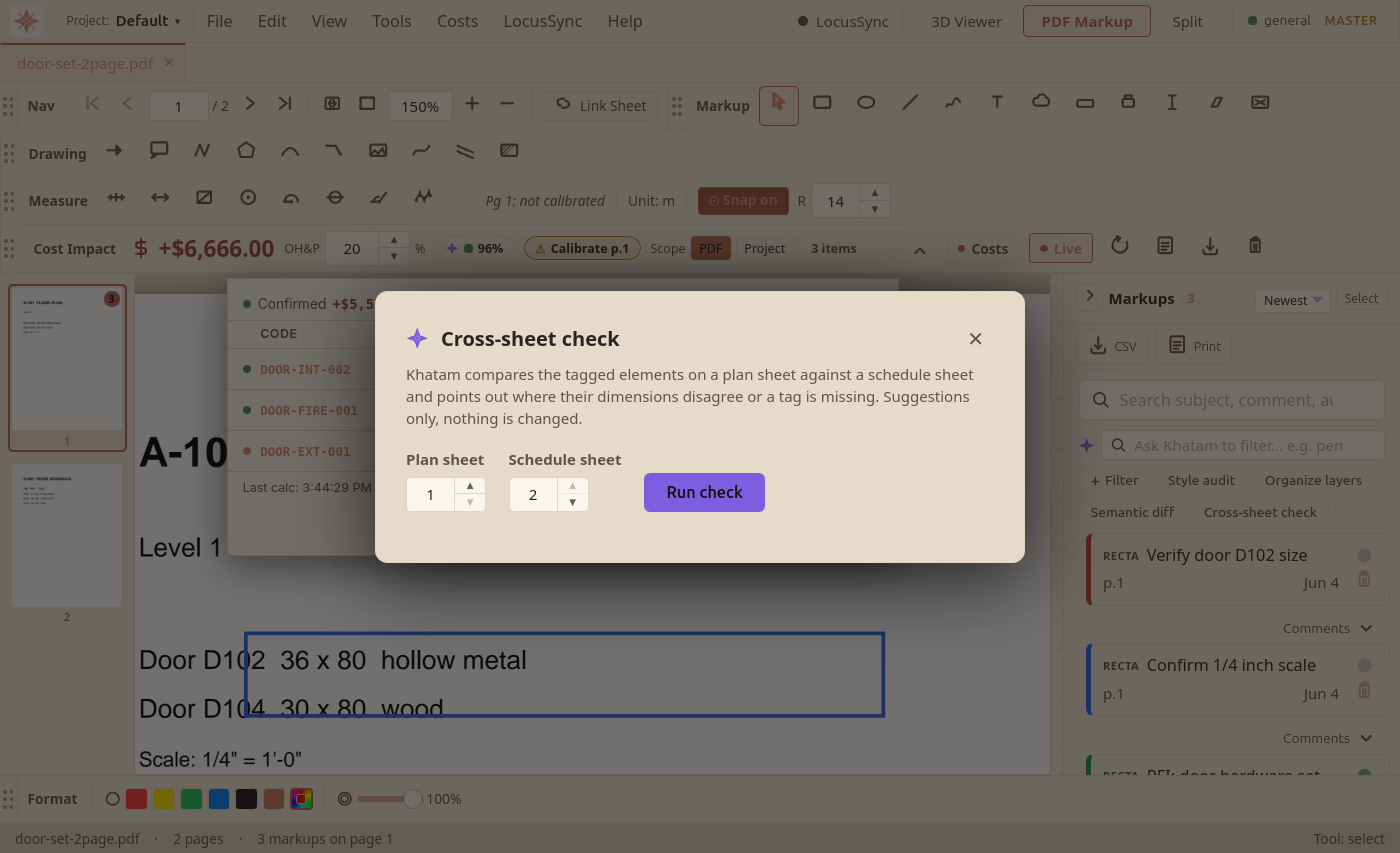 The Cross-sheet check dialog open over a floor plan, showing Plan sheet and Schedule sheet page pickers and a Run check button.