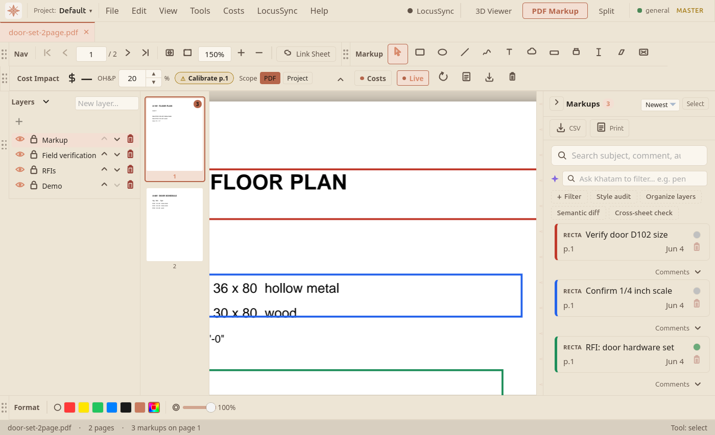 The LocusBIM PDF workspace with the Layers panel docked on the left, listing the Markup, Field verification, RFIs, and Demo layers, each with eye and lock toggles, next to a drawing carrying three colored markups.