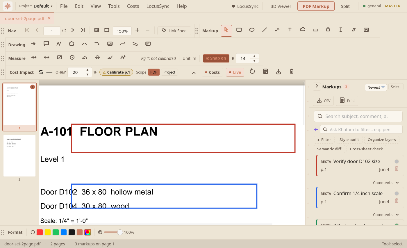 A floor-plan drawing with three colored rectangle markups on it, and the markup sidebar listing the three markups with their subjects, statuses, and dates.