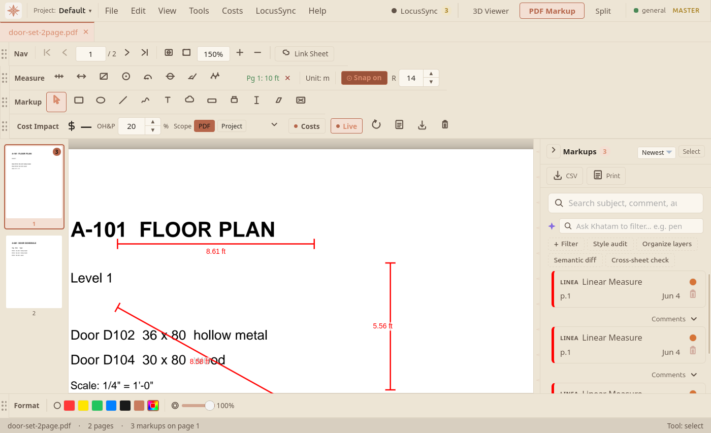 A calibrated drawing sheet with several linear measurements drawn on it — each a dimension line with end ticks and a white-backed label showing the distance in feet — beside the Measure toolbar docked at the top of the workspace.